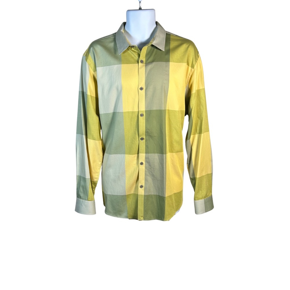 Alfani Men's Green and Yellow Plaid Shirt